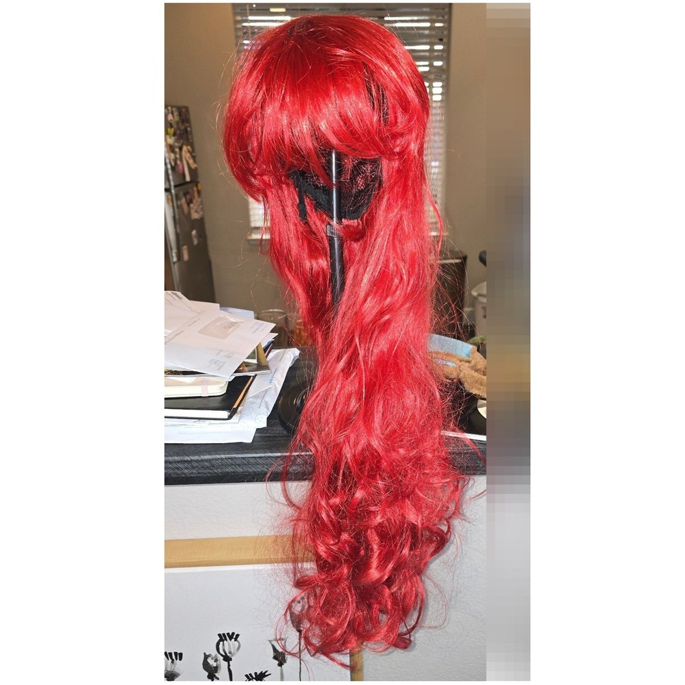 Long Wavy Red Synthetic Cosplay Wig with Bangs and Adjustable Cap